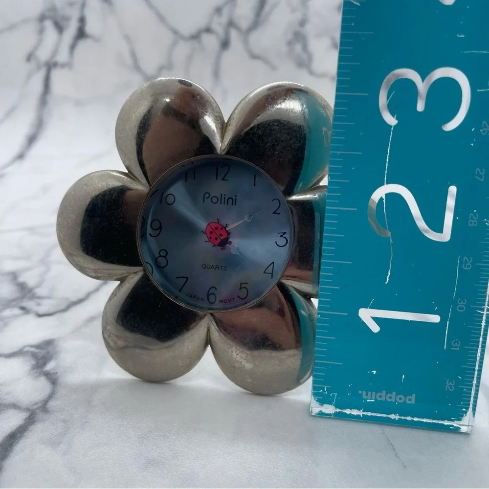 Polini Silver Tone Flower Power Ladybug Desk Clock Untested Needs Battery